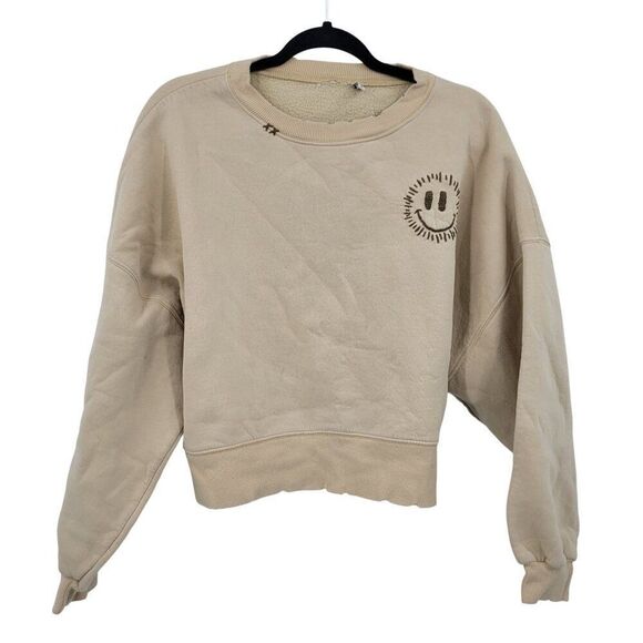 ASOS Design Womens Tan Distressed Smiley Embroidered Sweatshirt Sz 6 Loungewear - Picture 12 of 12